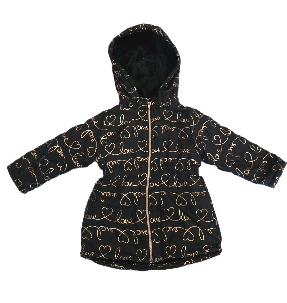 Penelope Mack Girls 2T Black Gold Love Heart Print Hooded Fleece Lined Jacket